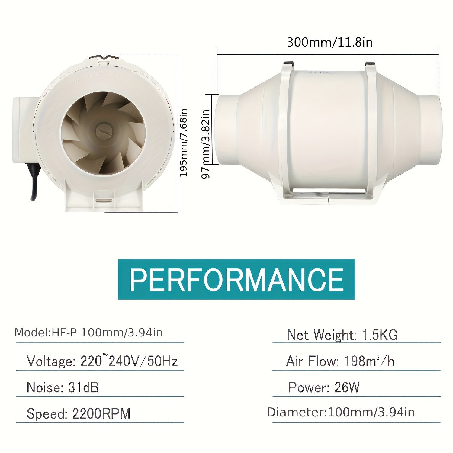 High-Speed 10.16cm Inline Duct Fan with Mixed Flow - Low Noise, Powerful Ventilation for Heating & Cooling, Ideal for Grow Tents & Hydroponics, Easy Install, 220V