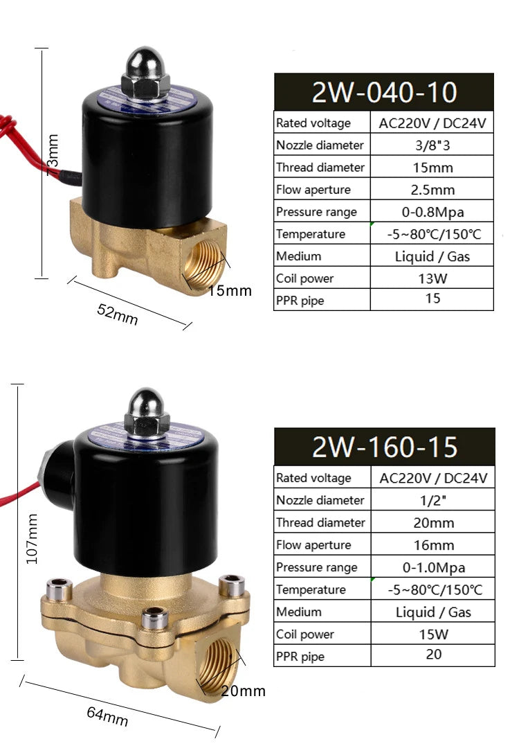 Electric Solenoid Valve 1/4" 3/8" 1/2" 3/4" 1" DN8/10/15/20/25/50 Normally Closed Pneumatic for Water Oil Air 12V 24V 220V