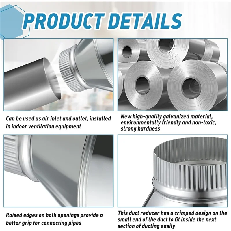 A93Z Air Duct Adapter 7 Inch To 4 Inch Duct Reducer Increaser Galvanized Steel Round Crimped Pipe For HVAC Ventilation System