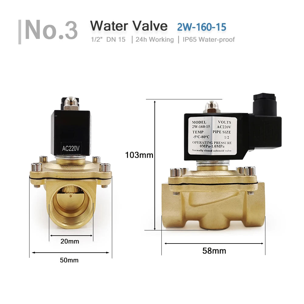 1/2" 3/4" 1" Normally Closed Brass Electric Solenoid Valve DN15 DN20 DN25 Pneumatic For Water Oil Air 12V 24V 220V