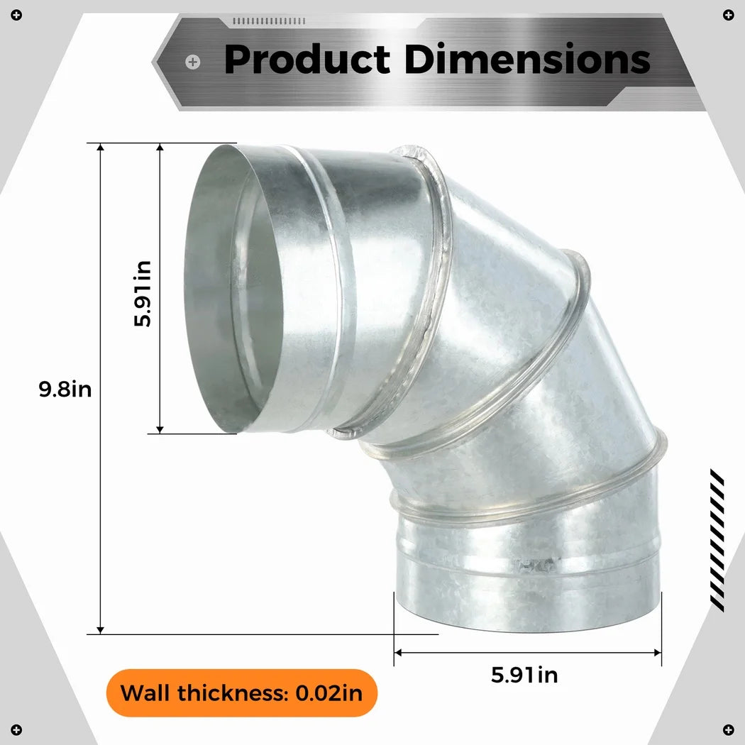 90 Degree Elbow Pipe 6" Galvanized Metal Duct Pipe Connector Stainless Steel HVAC Elbow Pipe Single Wall Ducting Fitting