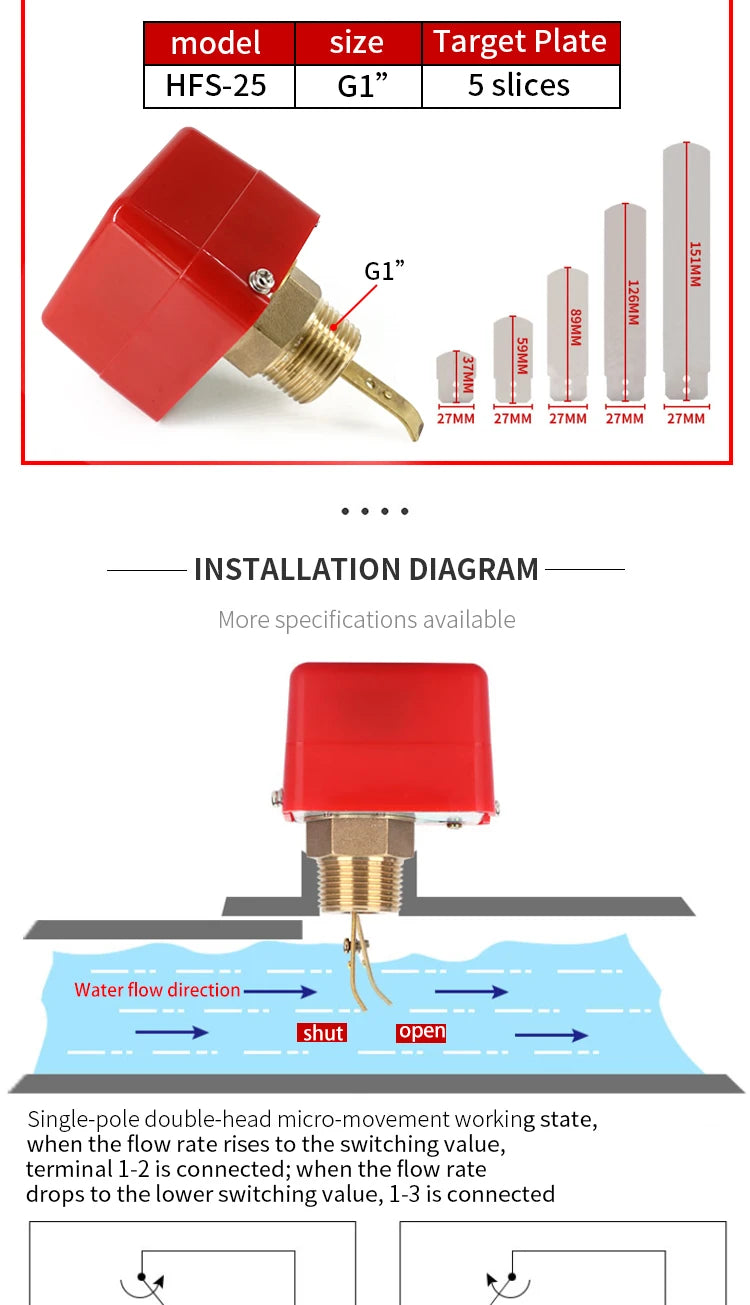 G1 HFS-25 Automatic Stainless Steel Paddle Water Flow Switch Liquid Controller Valve Sensor 1 Inch 1/2 3/4 12V to AC220V