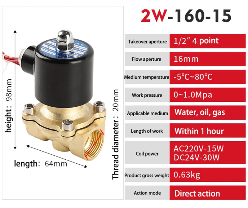 DN15 DN20 DN25 DN32 DN40 DN50 Electric Solenoid Valve 220V 110V 24V 12V Normally Closed Brass Solenoid Valve For Water Oil Air