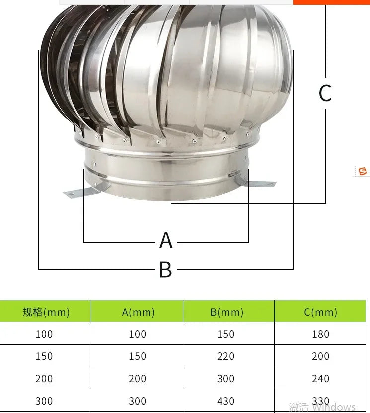 304 Stainless Steel Roof Ventilator Wind Turbines Air Vent Attic Ventilator 110mm 150mm 200mm Pipefit Roof Ventilating Fan