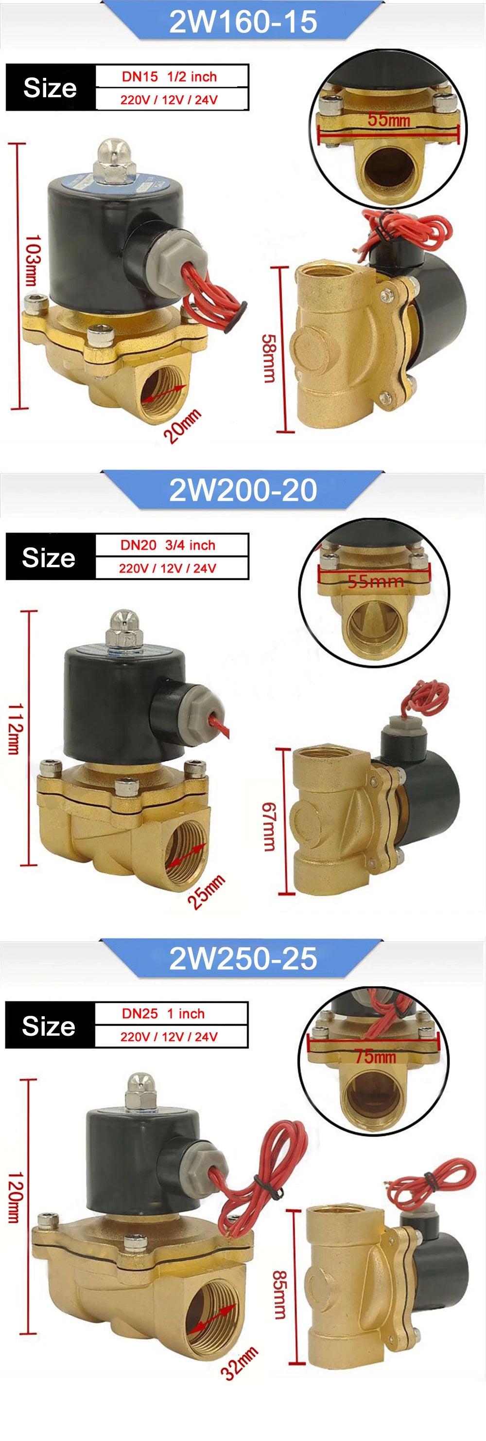 DN15 DN20 DN25 Brass Electric Solenoid Valve 1/2" 3/4" 1" Normally Closed Pneumatic For Water Oil Air 12V 24V 220V
