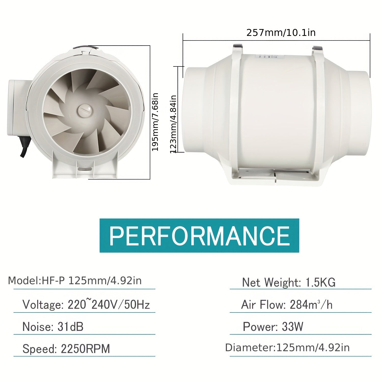 High-Speed 10.16cm Inline Duct Fan with Mixed Flow - Low Noise, Powerful Ventilation for Heating & Cooling, Ideal for Grow Tents & Hydroponics, Easy Install, 220V