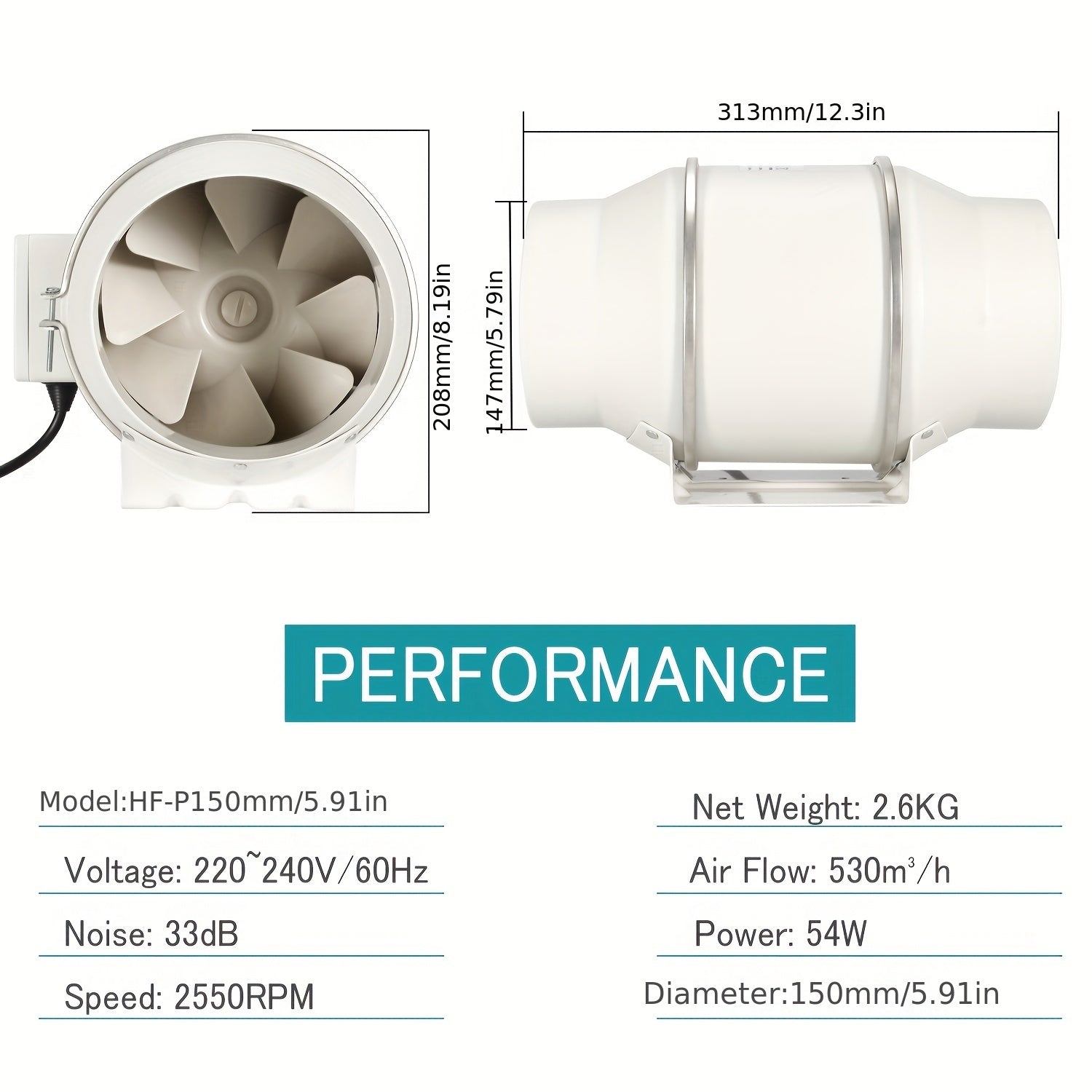 High-Speed 10.16cm Inline Duct Fan with Mixed Flow - Low Noise, Powerful Ventilation for Heating & Cooling, Ideal for Grow Tents & Hydroponics, Easy Install, 220V