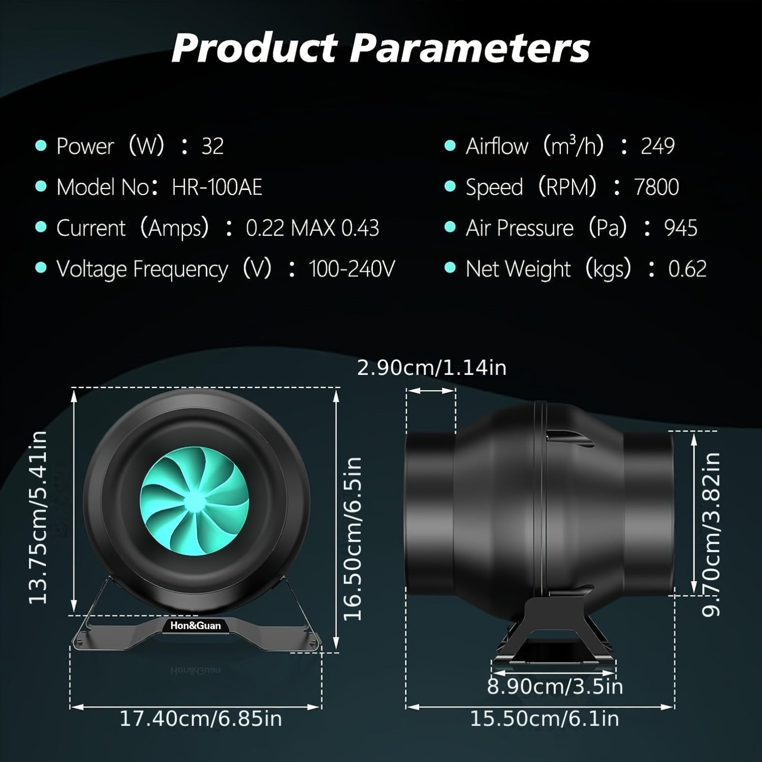 1pc 10.16 Cm Inline EC Motor Duct Fan With Variable Speed ​​Controller Ventilation, Exhaust Fan For Heating Cooling Booster, Grow Tents, Hydroponics (146 CFM)